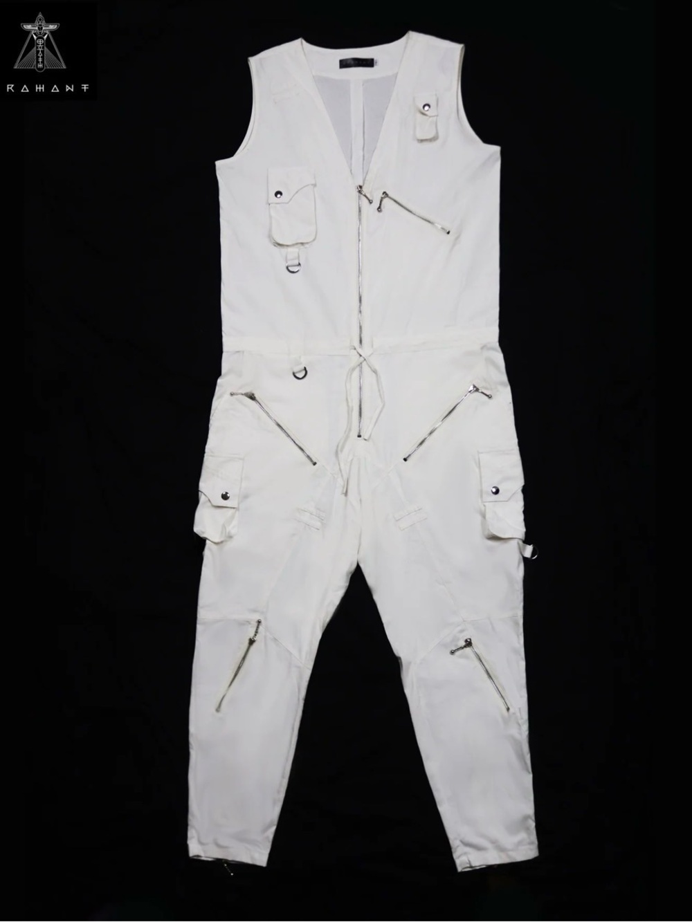 The Unisex Arahant Magi Jumpsuit in white is a sleeveless, drop-crotch design, M - Picture 4 of 11